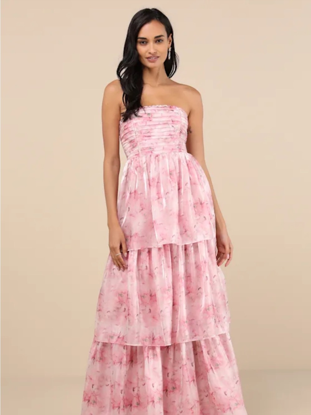 NWT Kamella Light Pink Floral Pleated Strapless Tiered Maxi Dress